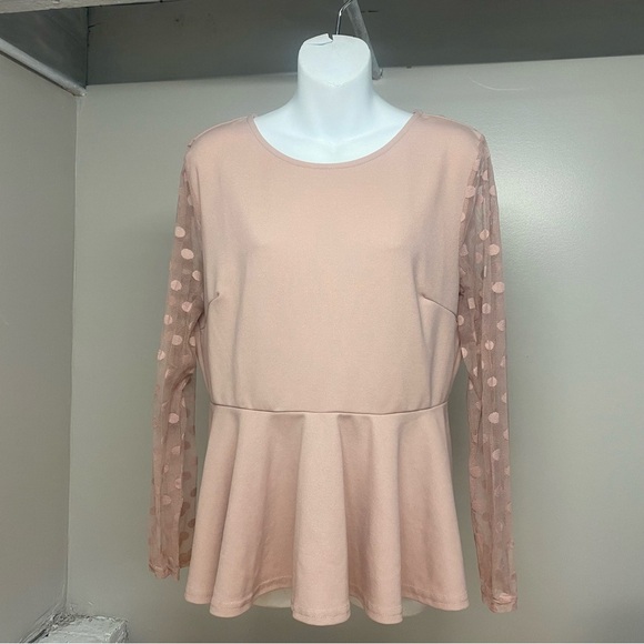 Shein Curve Women’s Pink Peplum Top LS Sheer Polka Dot Sleeve Keyhole Shirt 1XL - Picture 1 of 6